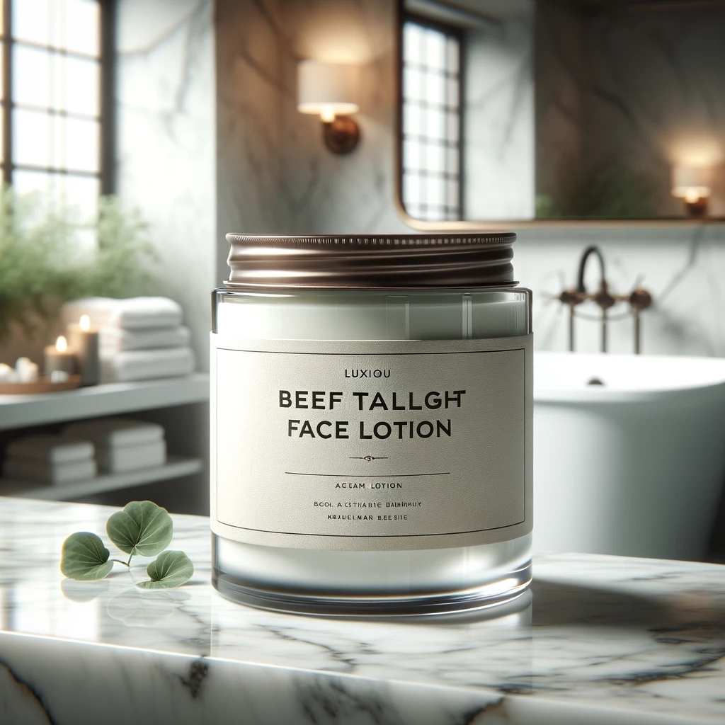 A serene and elegant bathroom setting, showcasing a luxurious beef tallow face lotion displayed prominently on a marble countertop. The lotion is contained in an eco-friendly, sophisticated glass jar with a minimalist label, highlighting its natural and sustainable qualities. The background features soft, natural lighting and a few green plants, emphasizing the organic and wholesome nature of the product. The overall atmosphere conveys a sense of purity, luxury, and a return to traditional, natural skincare remedies.
